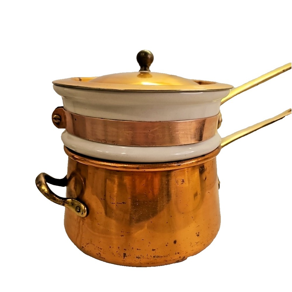 Vtg 2 Quart Copper Stoneware Double Boiler Pan Brass Handles 1970s Made in Korea